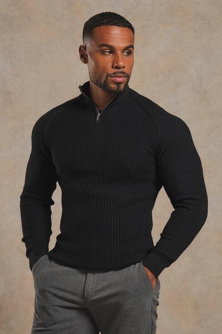 Textured Knitted Half Zip Neck Sweater in Black