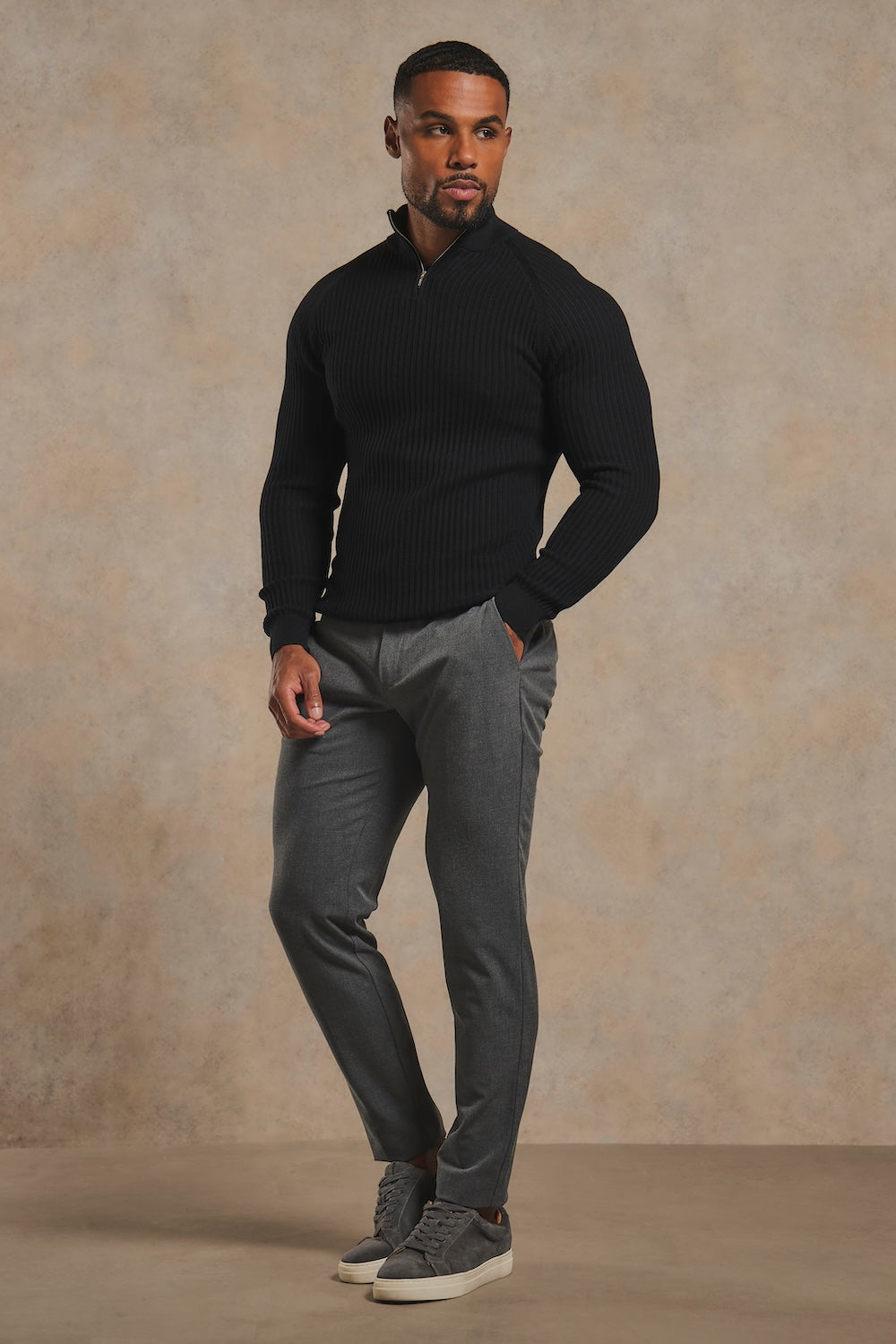 Textured Knitted Half Zip Neck Sweater in Black