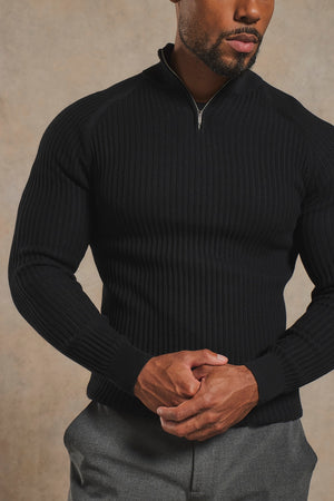 Textured Knitted Half Zip Neck Sweater in Black