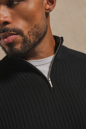 Textured Knitted Half Zip Neck Sweater in Black