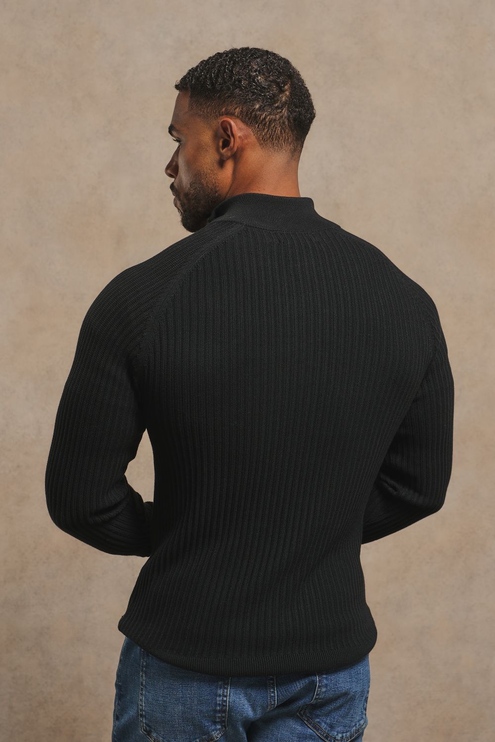 Textured Knitted Half Zip Neck Sweater in Black