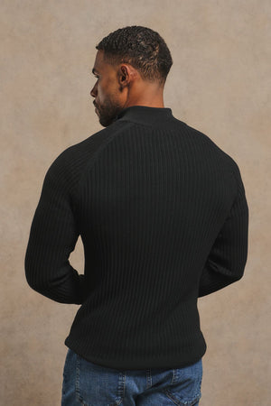 Textured Knitted Half Zip Neck Sweater in Black
