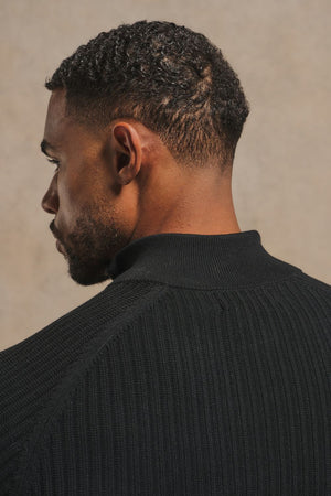 Textured Knitted Half Zip Neck Sweater in Black
