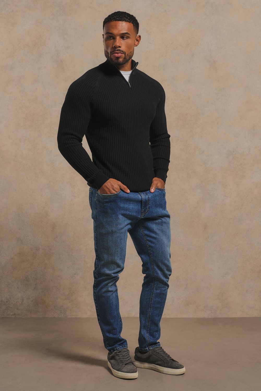 Textured Knitted Half Zip Neck Sweater in Black