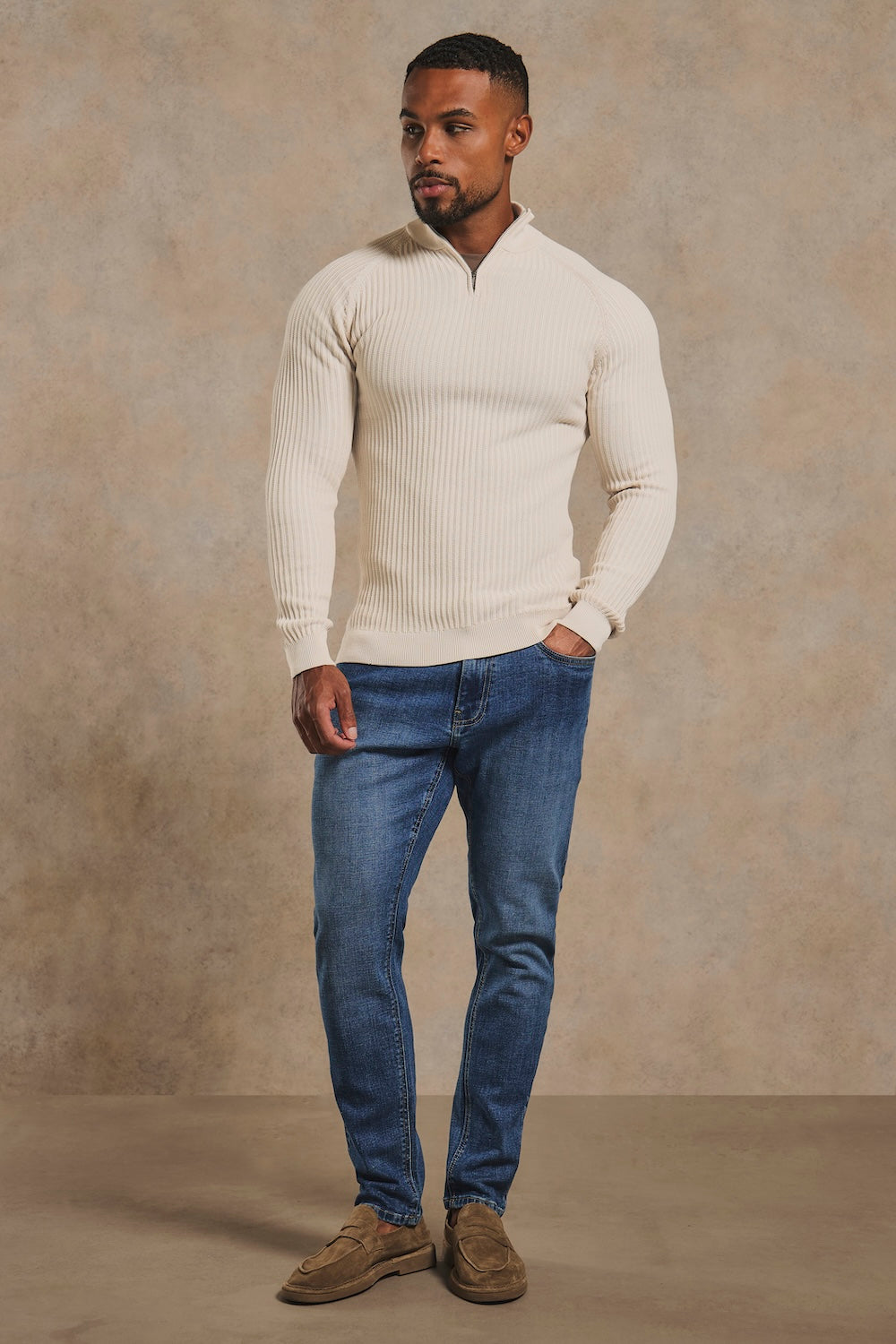 Textured Knitted Half Zip Neck Sweater in Alabaster