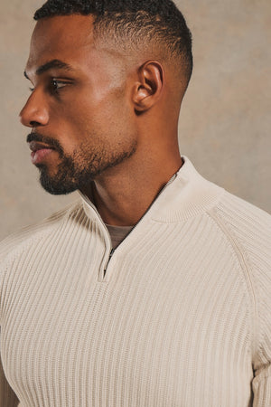 Textured Knitted Half Zip Neck Sweater in Alabaster