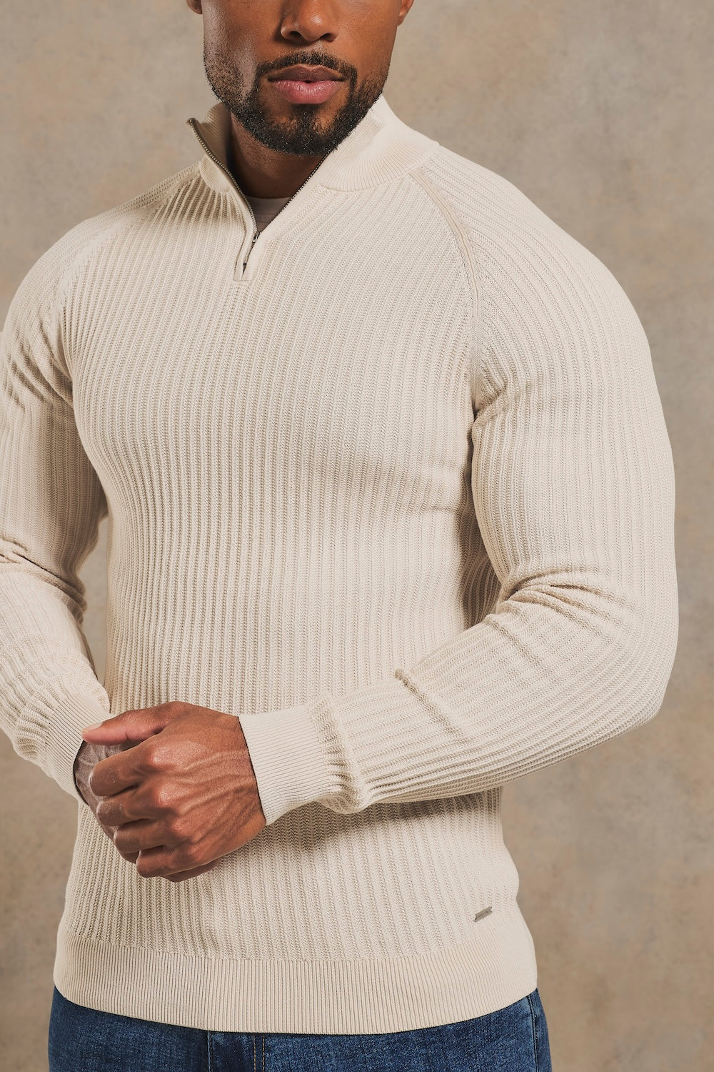 Textured Knitted Half Zip Neck Sweater in Alabaster