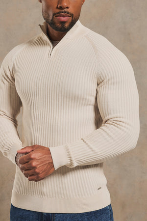 Textured Knitted Half Zip Neck Sweater in Alabaster