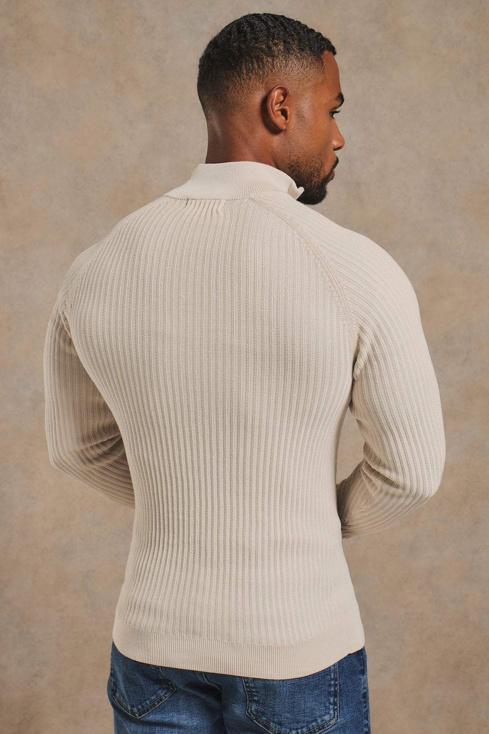 Textured Knitted Half Zip Neck Sweater in Alabaster
