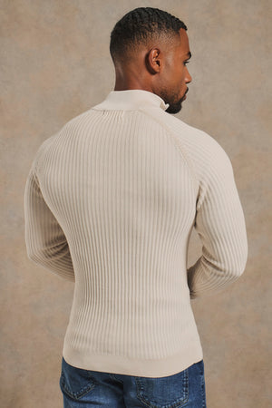 Textured Knitted Half Zip Neck Sweater in Alabaster