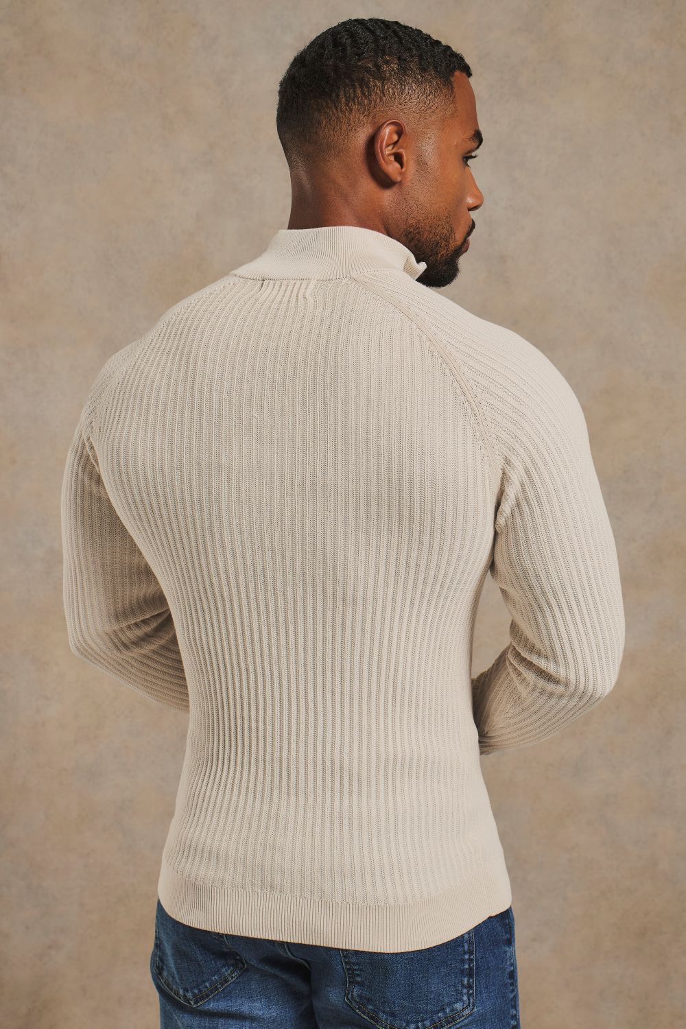Textured Knitted Half Zip Neck Sweater in Ecru