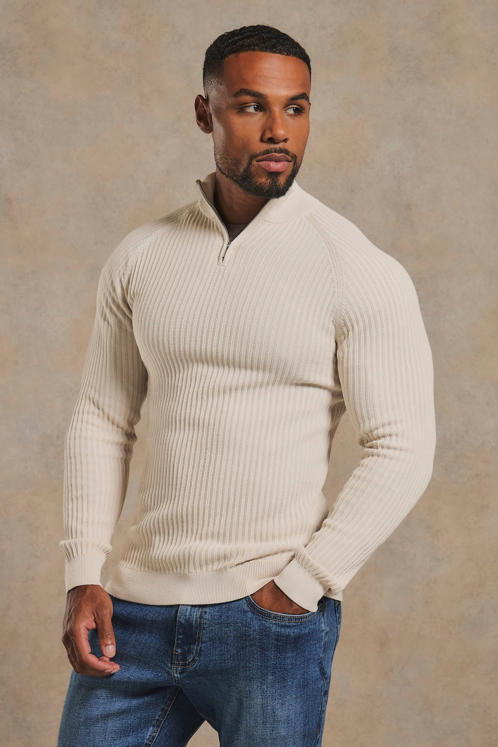 Textured Knitted Half Zip Neck Sweater in Alabaster