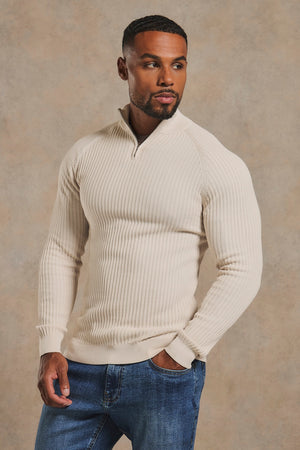 Textured Knitted Half Zip Neck Sweater in Alabaster