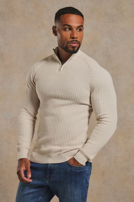 Textured Knitted Half Zip Neck Sweater in Ecru