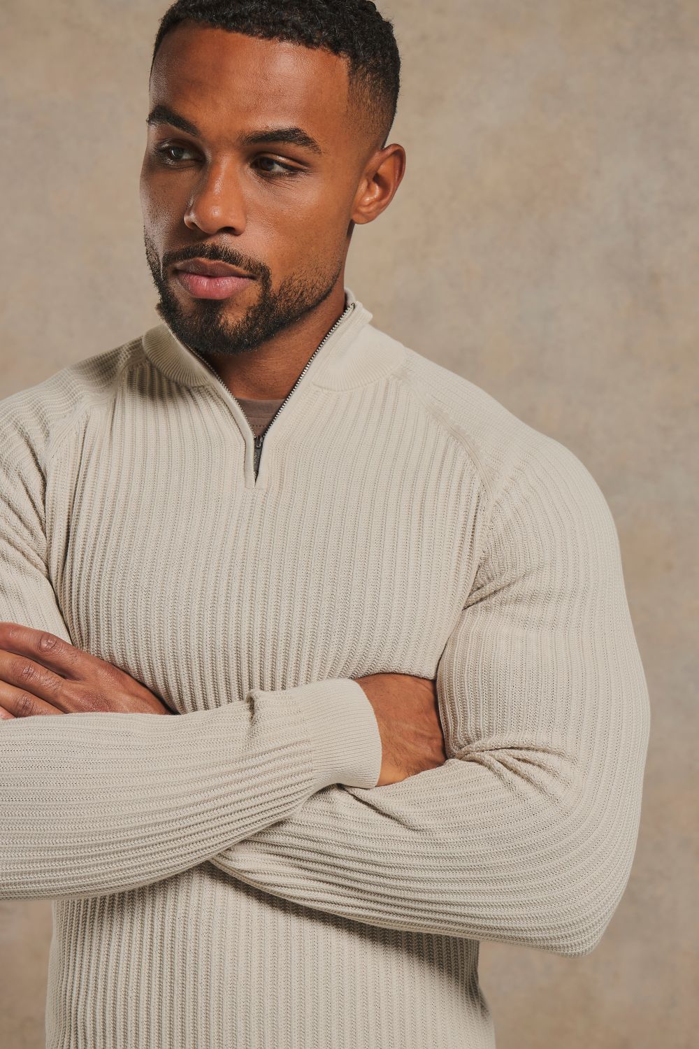 Textured Knitted Half Zip Neck Sweater in Ecru