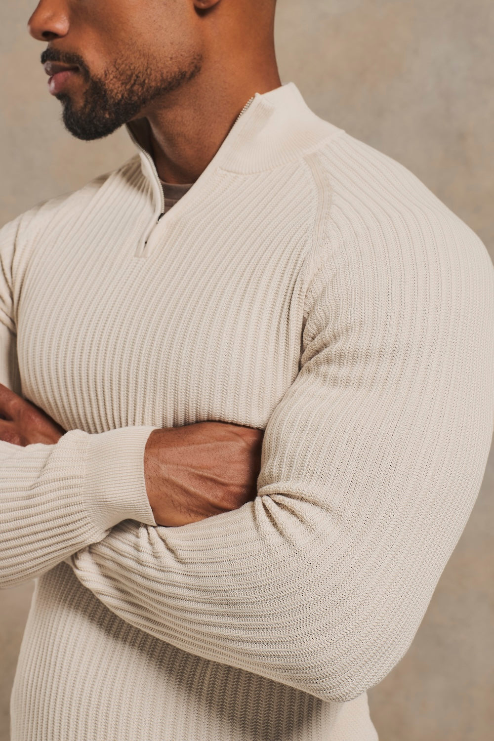 Textured Knitted Half Zip Neck Sweater in Alabaster