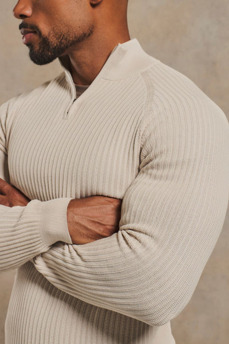 Textured Knitted Half Zip Neck Sweater in Ecru