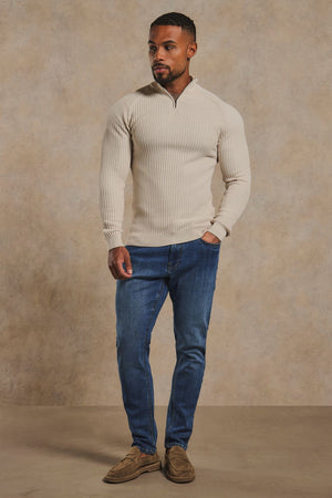 Textured Knitted Half Zip Neck Sweater in Ecru