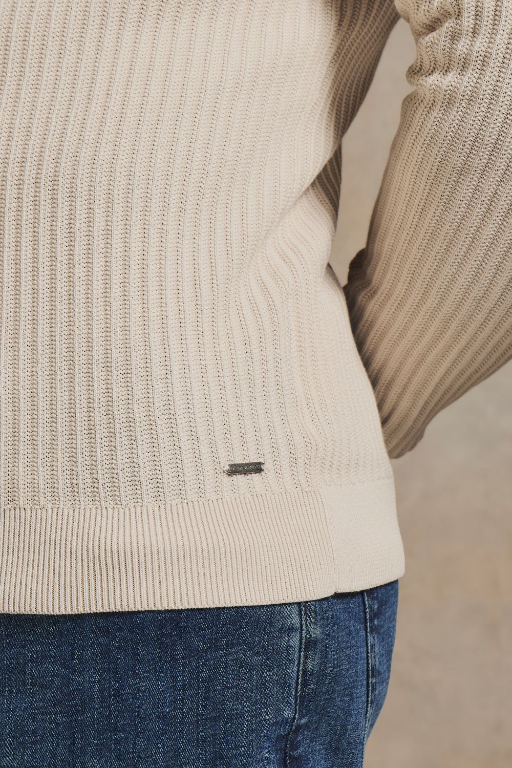 Textured Knitted Half Zip Neck Sweater in Ecru