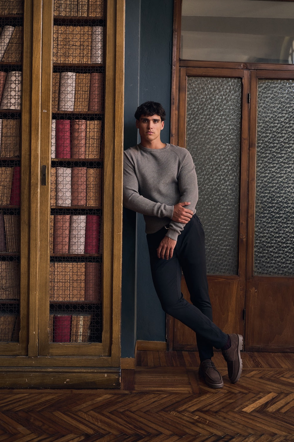Pure Cotton Knitted Textured Crew Neck Sweater in Brown Marl