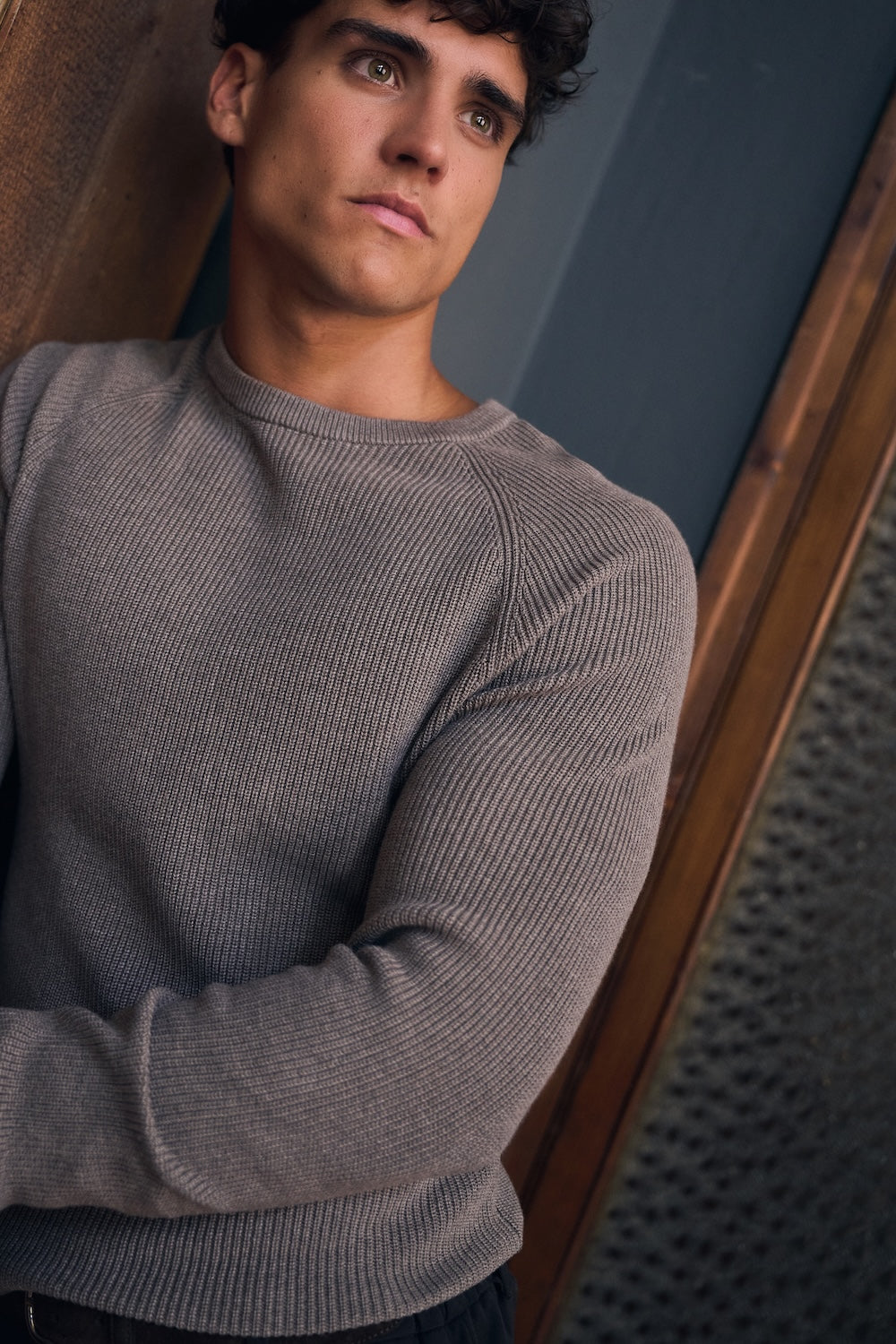 Pure Cotton Knitted Textured Crew Neck Sweater in Brown Marl