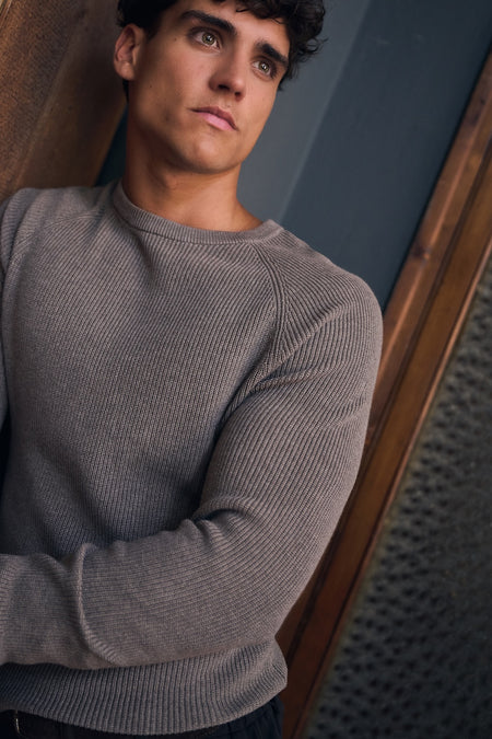 Pure Cotton Knitted Textured Crew Neck Sweater in Brown Marl