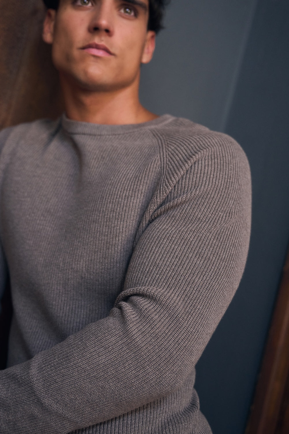 Pure Cotton Knitted Textured Crew Neck Sweater in Brown Marl
