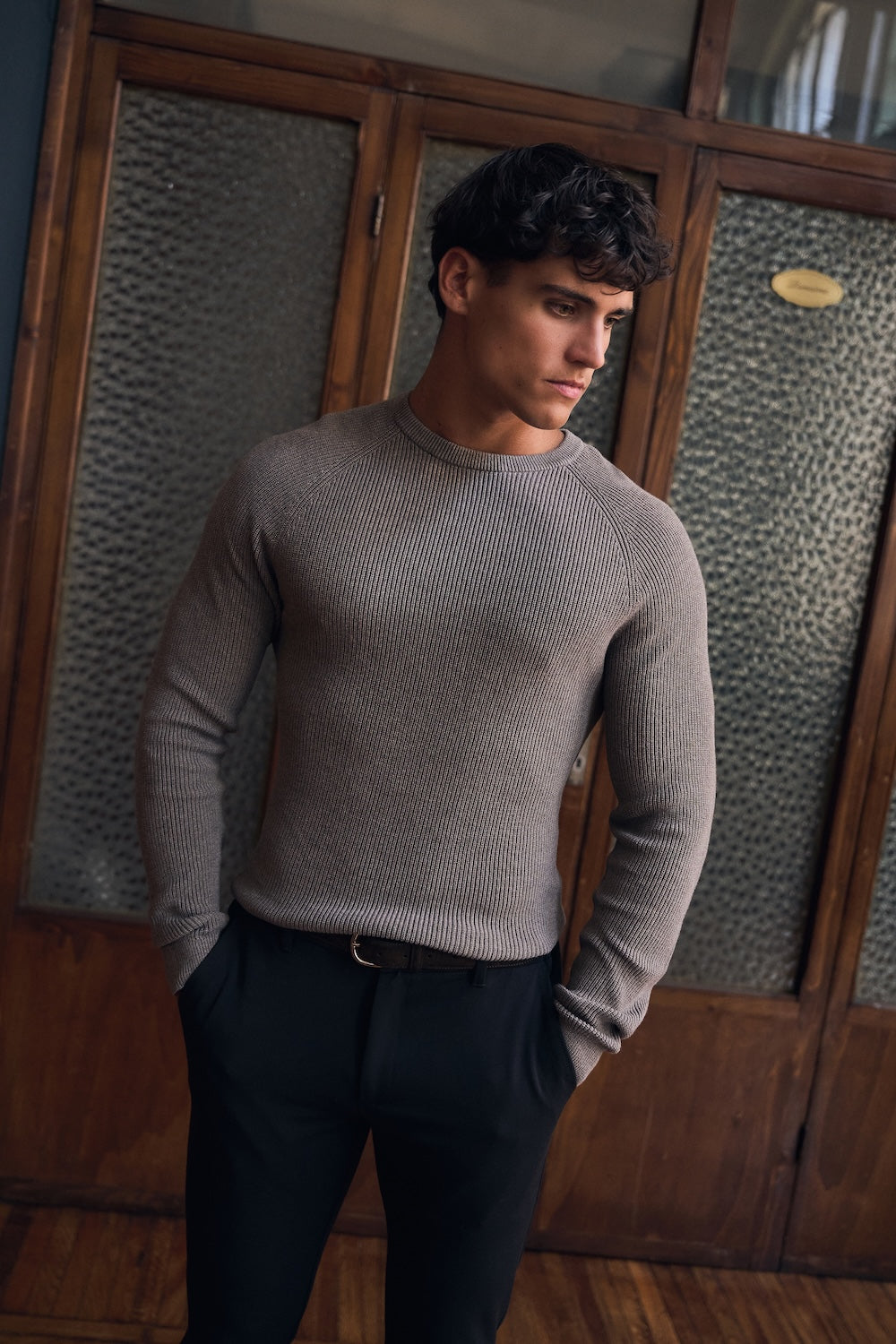 Pure Cotton Knitted Textured Crew Neck Sweater in Brown Marl
