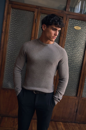 Pure Cotton Knitted Textured Crew Neck Sweater in Brown Marl