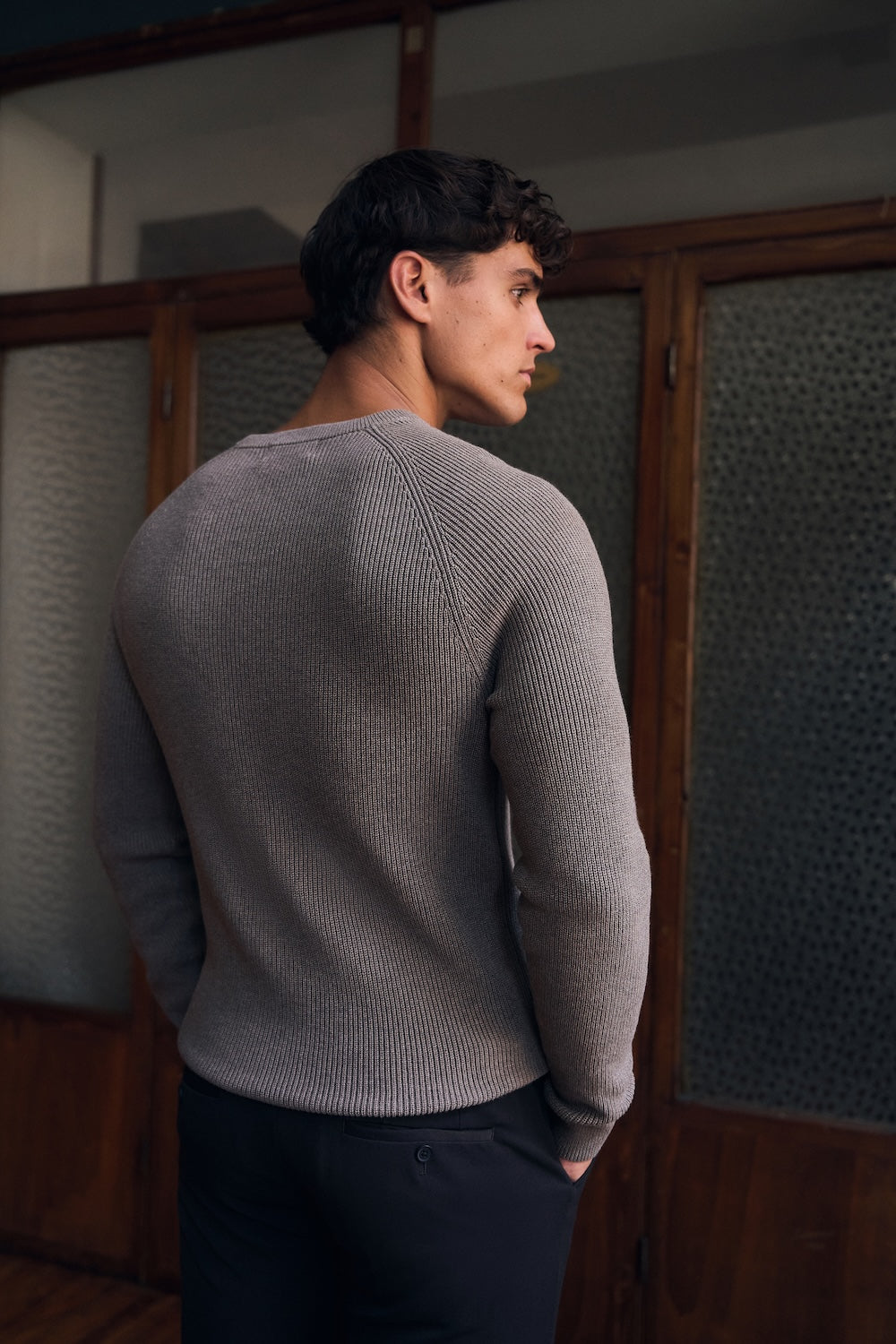 Pure Cotton Knitted Textured Crew Neck Sweater in Brown Marl