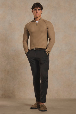 Textured Knitted Half Zip Neck Sweater in Camel