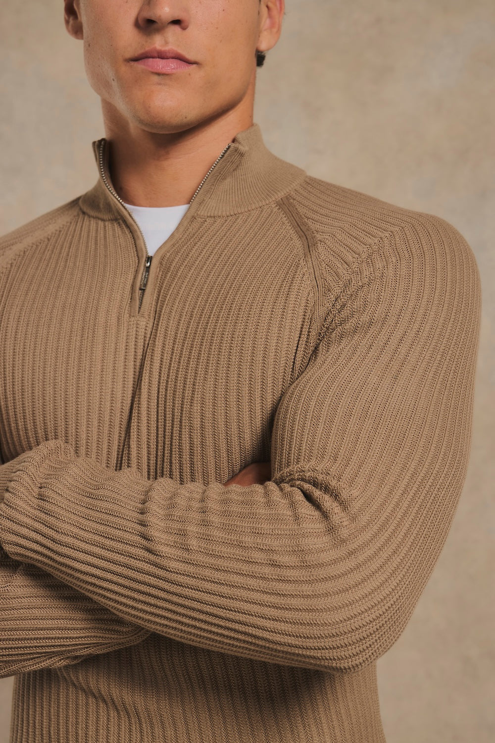 Textured Knitted Half Zip Neck Sweater in Camel