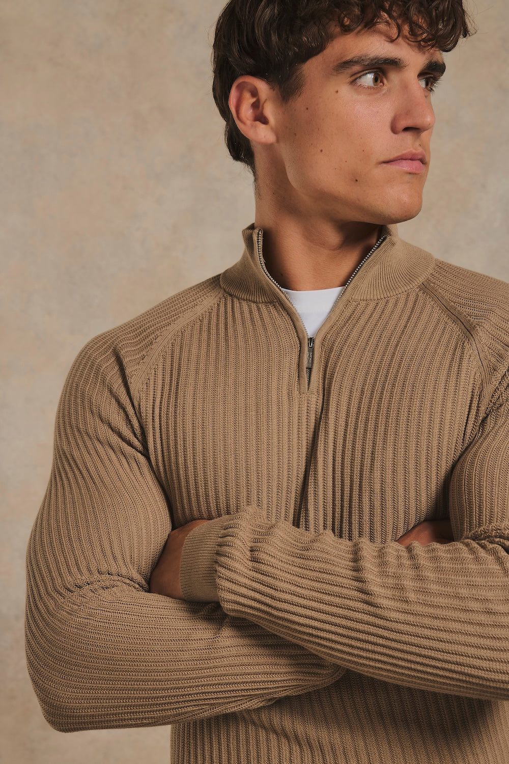 Textured Knitted Half Zip Neck Sweater in Camel