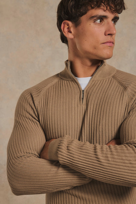 Textured Knitted Half Zip Neck Sweater in Camel