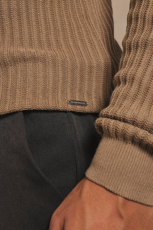 Textured Knitted Half Zip Neck Sweater in Camel