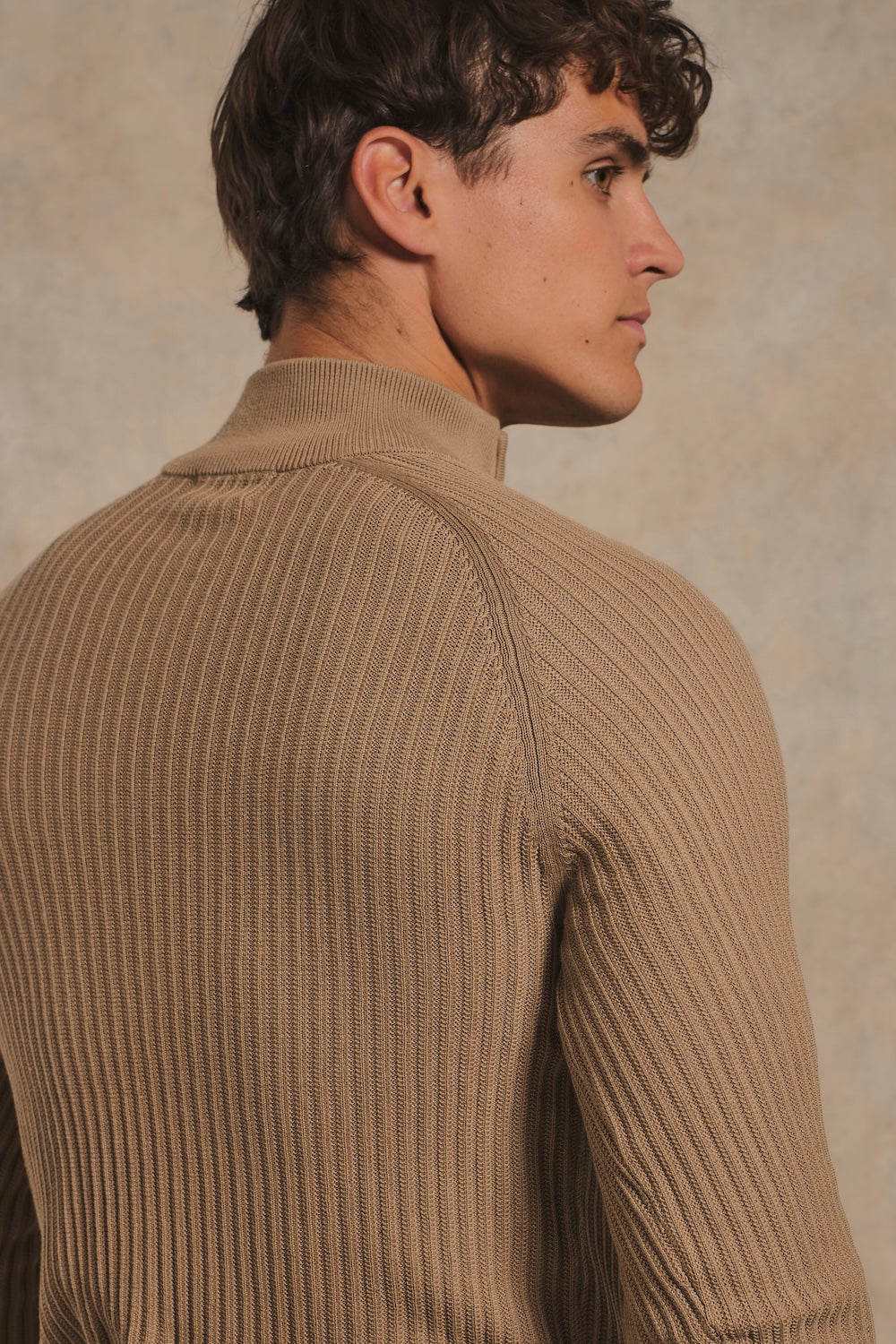 Textured Knitted Half Zip Neck Sweater in Camel