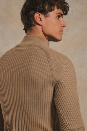 Textured Knitted Half Zip Neck Sweater in Camel
