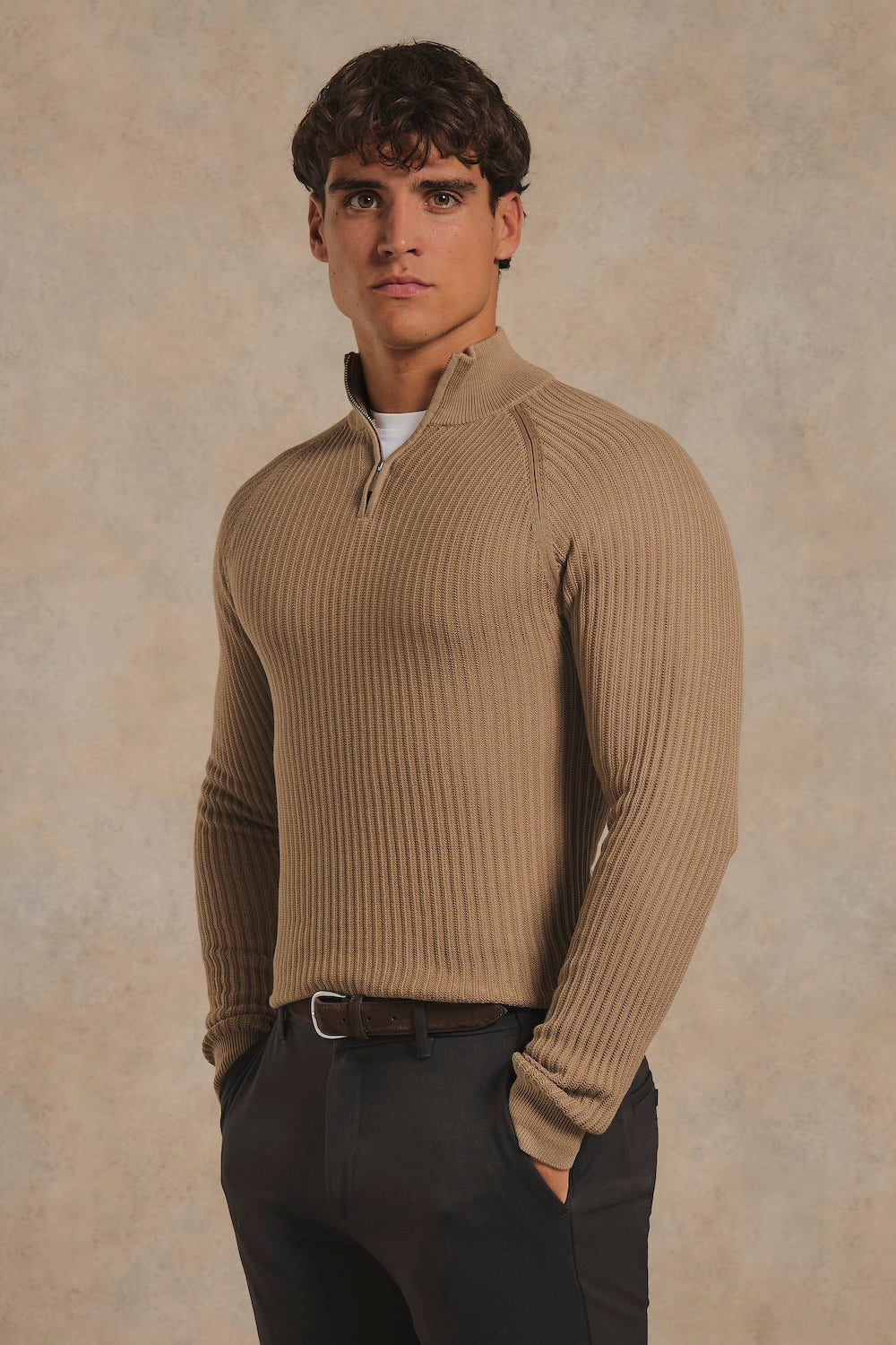 Textured Knitted Half Zip Neck Sweater in Camel