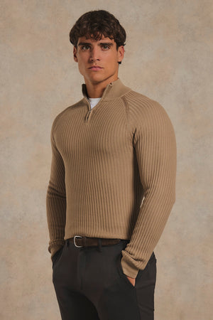 Textured Knitted Half Zip Neck Sweater in Camel