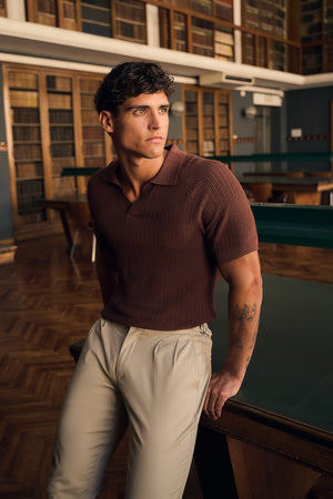 Textured Knitted Open Collar Polo Shirt in Brick