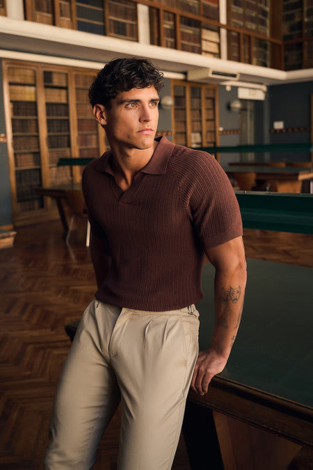 Textured Knitted Open Collar Polo Shirt in Brick