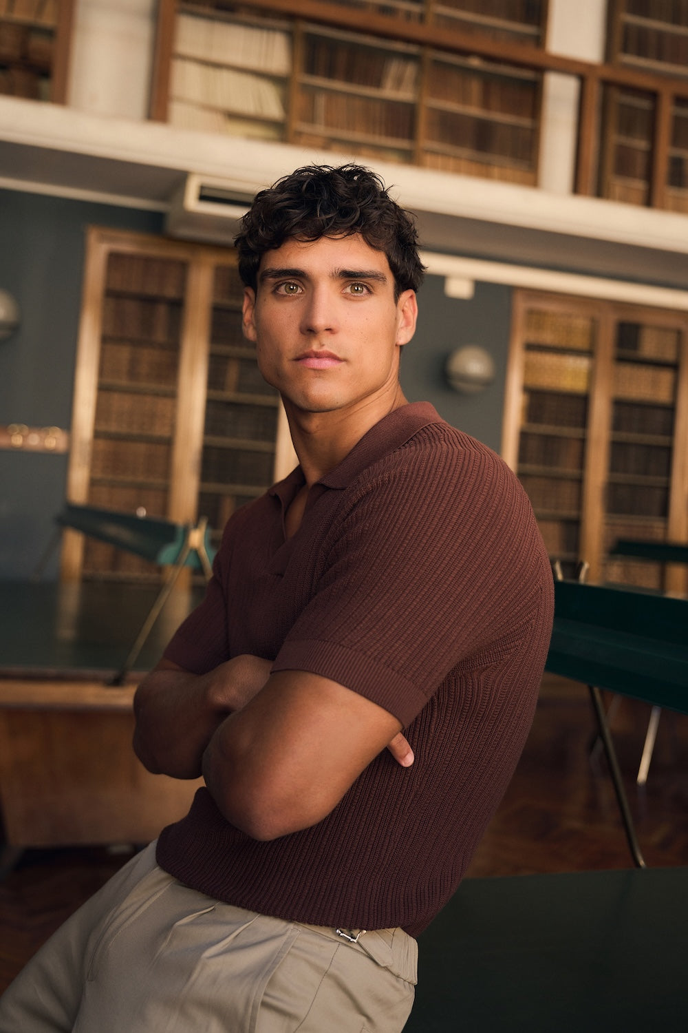 Textured Knitted Open Collar Polo Shirt in Brick