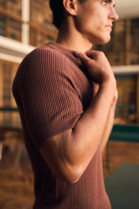 Textured Knitted Open Collar Polo Shirt in Brick