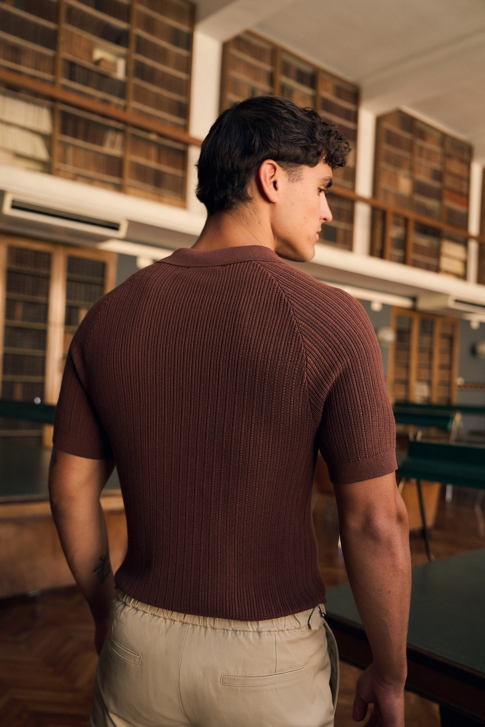 Textured Knitted Open Collar Polo Shirt in Brick