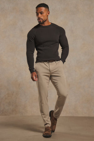 Pure Cotton Knitted Textured Crew Neck Sweater in Chocolate