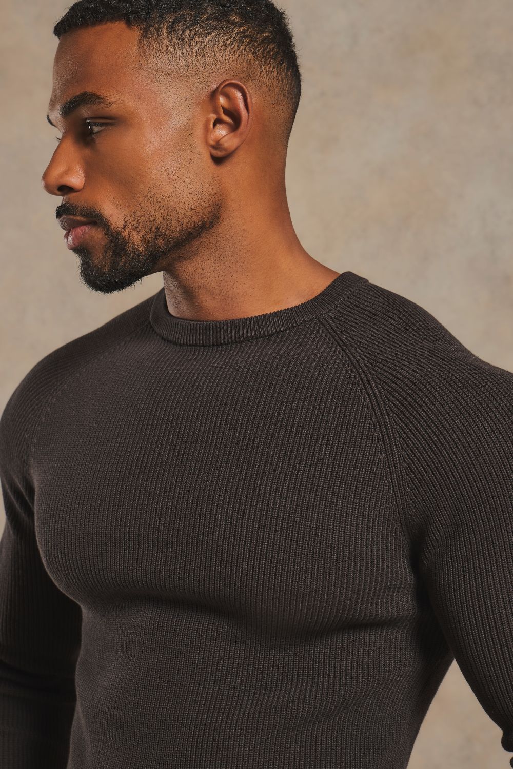 Pure Cotton Knitted Textured Crew Neck Sweater in Chocolate