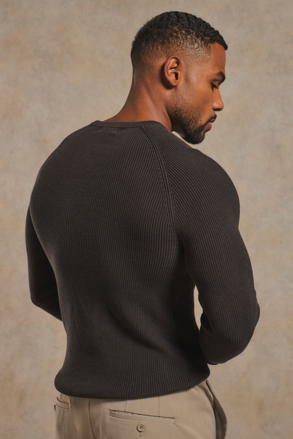 Pure Cotton Knitted Textured Crew Neck Sweater in Chocolate