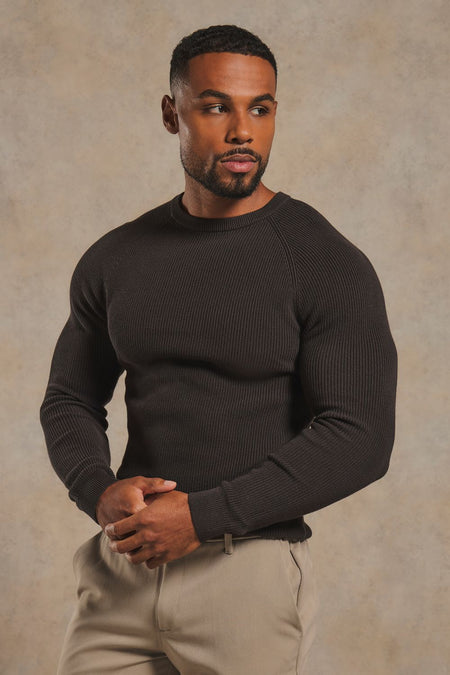 Pure Cotton Knitted Textured Crew Neck Sweater in Chocolate
