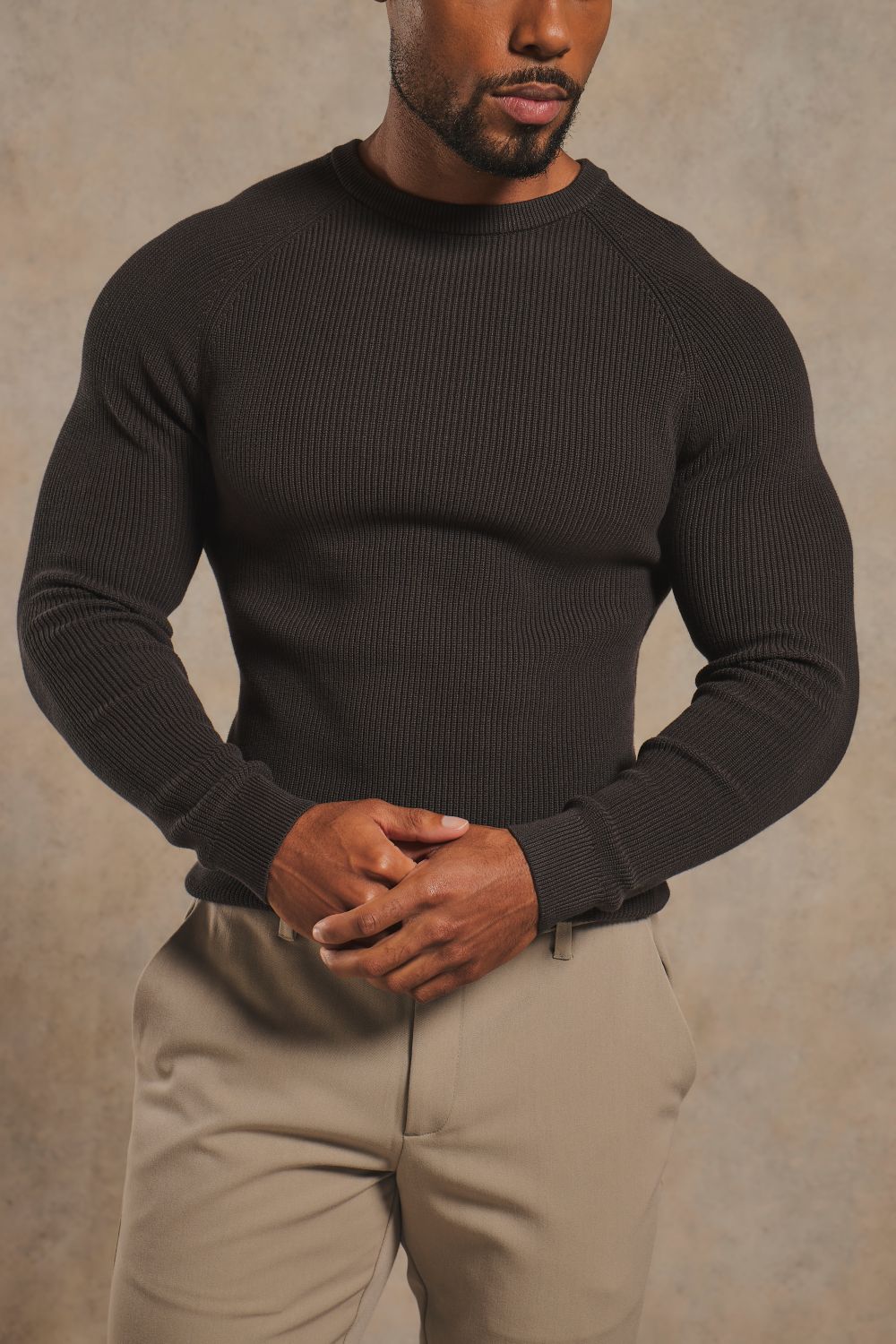 Pure Cotton Knitted Textured Crew Neck Sweater in Chocolate