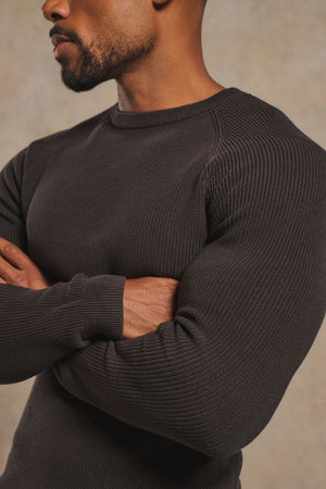 Pure Cotton Knitted Textured Crew Neck Sweater in Chocolate